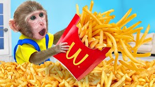 KiKi Monkey perform French Fries Potatoes, Fast Food cooking skill to mukbang | KUDO ANIMAL KIKI