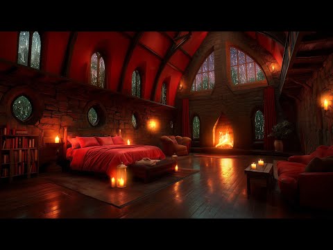Stormy Night & Rain and Crackling Fireplace | Cozy Castle Bedroom Ambience To Sleep Easily
