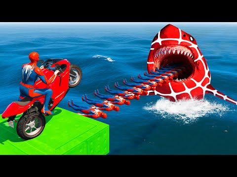 الأبطال الخارقين على القضبان دوامة قمع جسر 🕷️🏍️ RAINBOW SPIDER MAN! on Motorcycle in Spiral Bridge