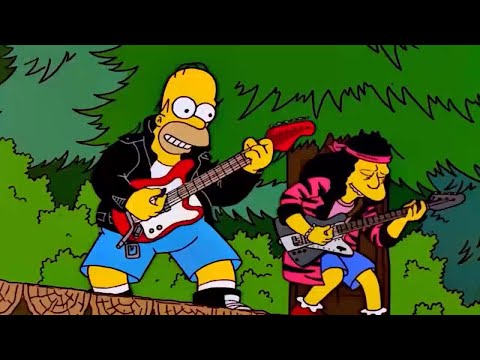 Homer demonstrates his talent for playing rock music.