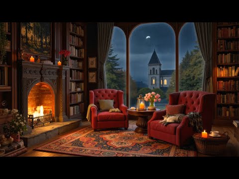 Relaxing Cozy Reading Nook 📖 Smooth Jazz, Gentle Rain on Window, and Fireplace Sounds for Sleeping