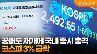 공매도 재개에 국내 증시 충격…코스피 3% 급락 / 연합뉴스TV (YonhapnewsTV)