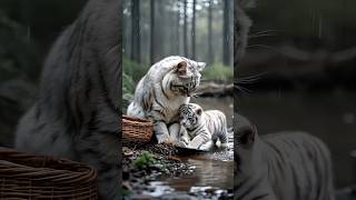 The little white tiger mistook the cat for its mother