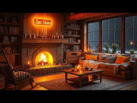 Cozy March Cabin Ambience 🌧️ Warm Jazz Music with Cozy Fireplace Sounds and Soothing Rain for Sleep