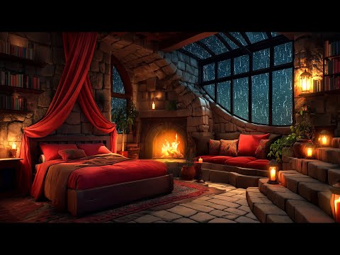 Thunderstorm Serenity - Rain and Fireplace Sounds in this Cozy Rustic Castle Room