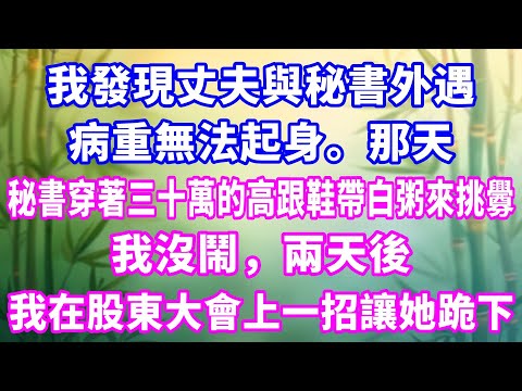 我發現丈夫與秘書外遇，病重無法起身。那天，秘書穿著三十萬的高跟鞋帶白粥來挑釁。我沒鬧，兩天後，我在股東大會上一招讓她跪下。#家庭故事