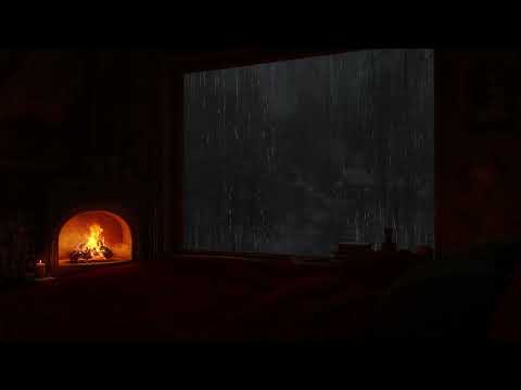 Calm Bedroom Ambience with Fireplace Sounds🍵Listening Rain on Window for Stress Relief