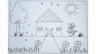 House Drawing || How to Draw a House || House scenery drawing Easy step by step || Ghar drawing