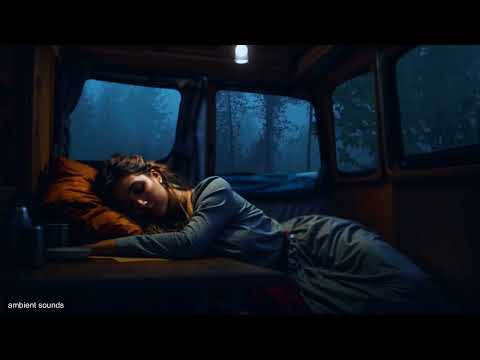 Night rest in nature. Stormy wind and heavy rain knock on the windows of the camping car. 4K(10 Hrs)