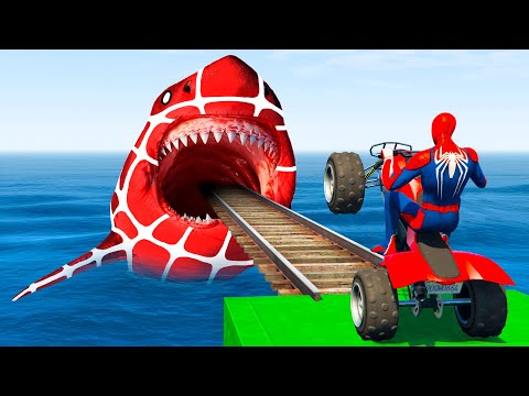 الأبطال الخارقين على القضبان دوامة قمع جسر 🕷️🏍️ RAINBOW SPIDER MAN! on Motorcycle in Spiral Bridge