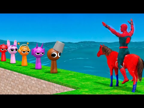 Red Spiderman Horse Ride Spiderman Color Bridge Against Shark & Incredibox Sprunki