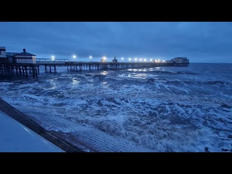 blackpool the sea is angry as storm bert fades out,  chrismas by the sea is in full swing still..