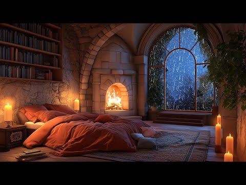 Deep Sleep Sounds - Fall Asleep in this Charming Medieval Castle Room - Rain, Thunder and Fireplace