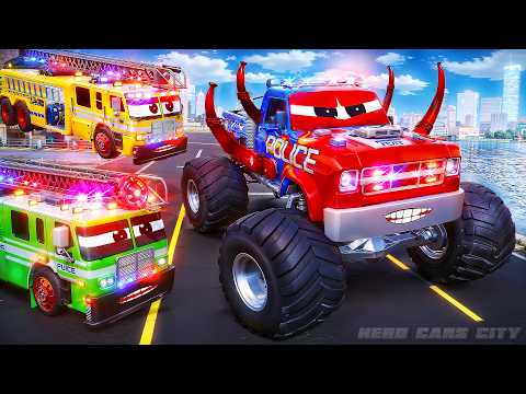 Monster Trucks Rampage vs 💥Fire Trucks & Police Cars Unite for Epic Rescue Mission | Hero Cars Video