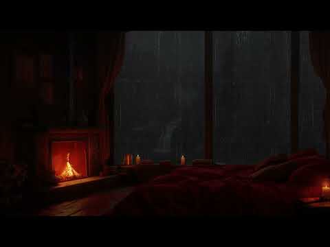In Cozy Room with Distant Thunder & Rain on Window🌧️Fireplace Ambience for Sleep & Stress Relief